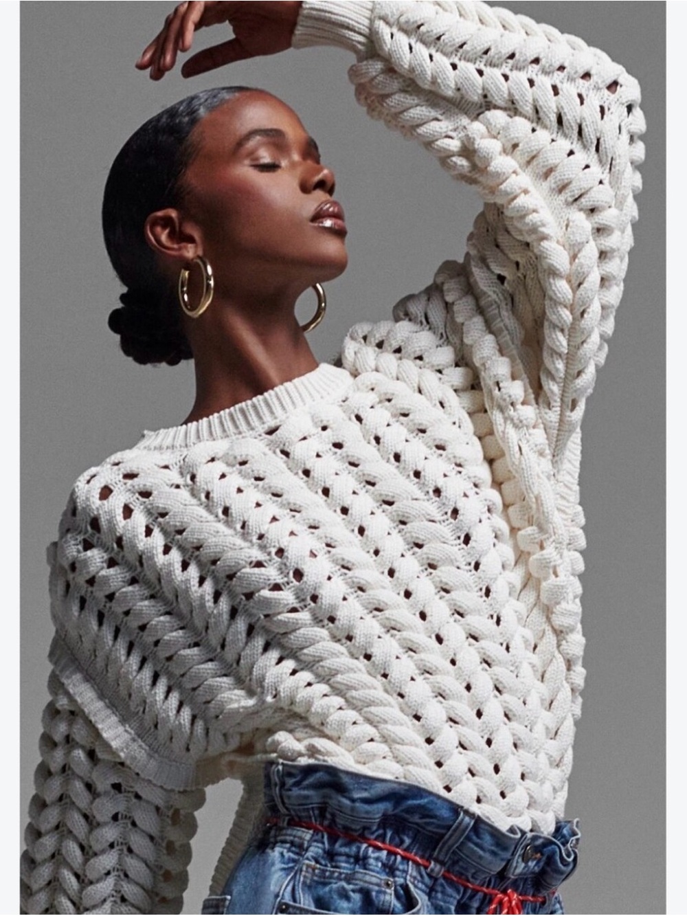 By Kahlana Cream Chunky Cable Crewneck Sweater